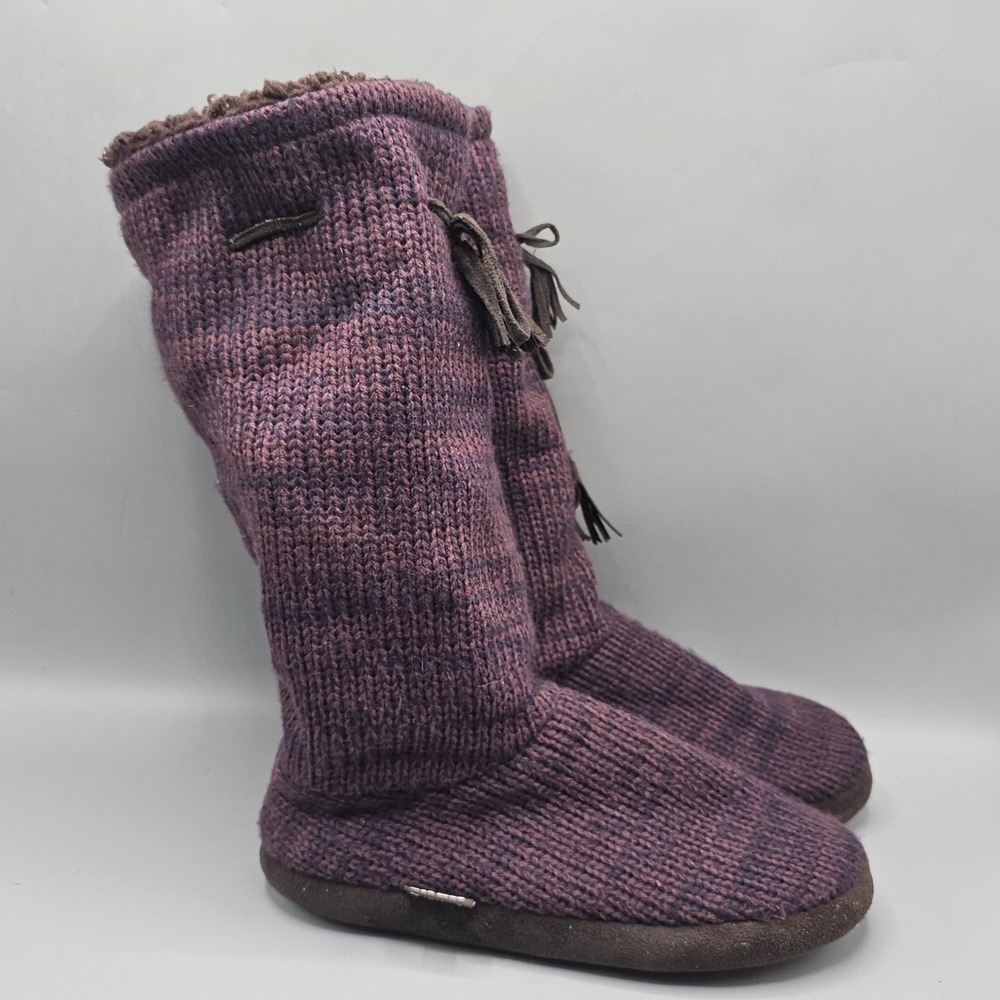 Muk Luks Tall Purple Knit Boots Slippers Winter Faux Fur Womens Size 9/10 Large